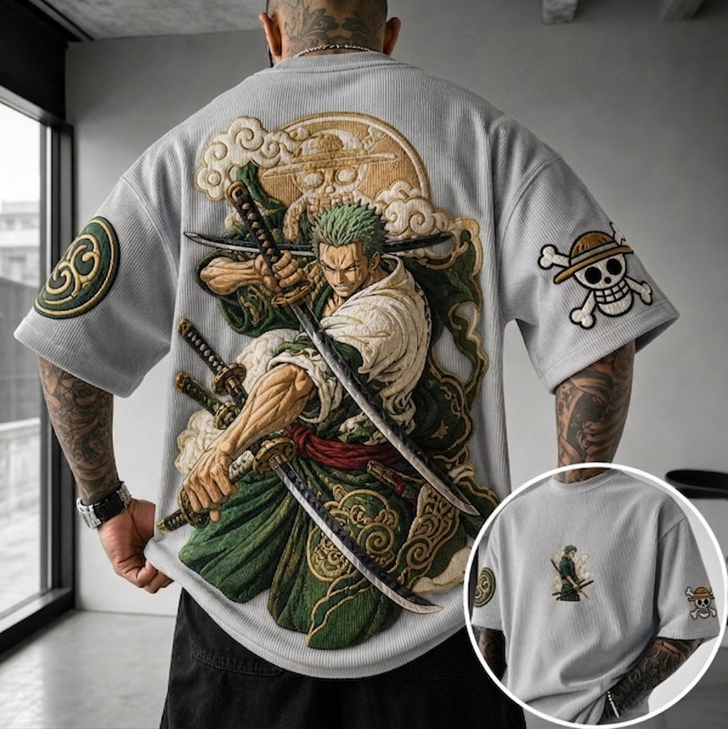 Unisex Anime-Style Retro Corduroy Oversized T-Shirt