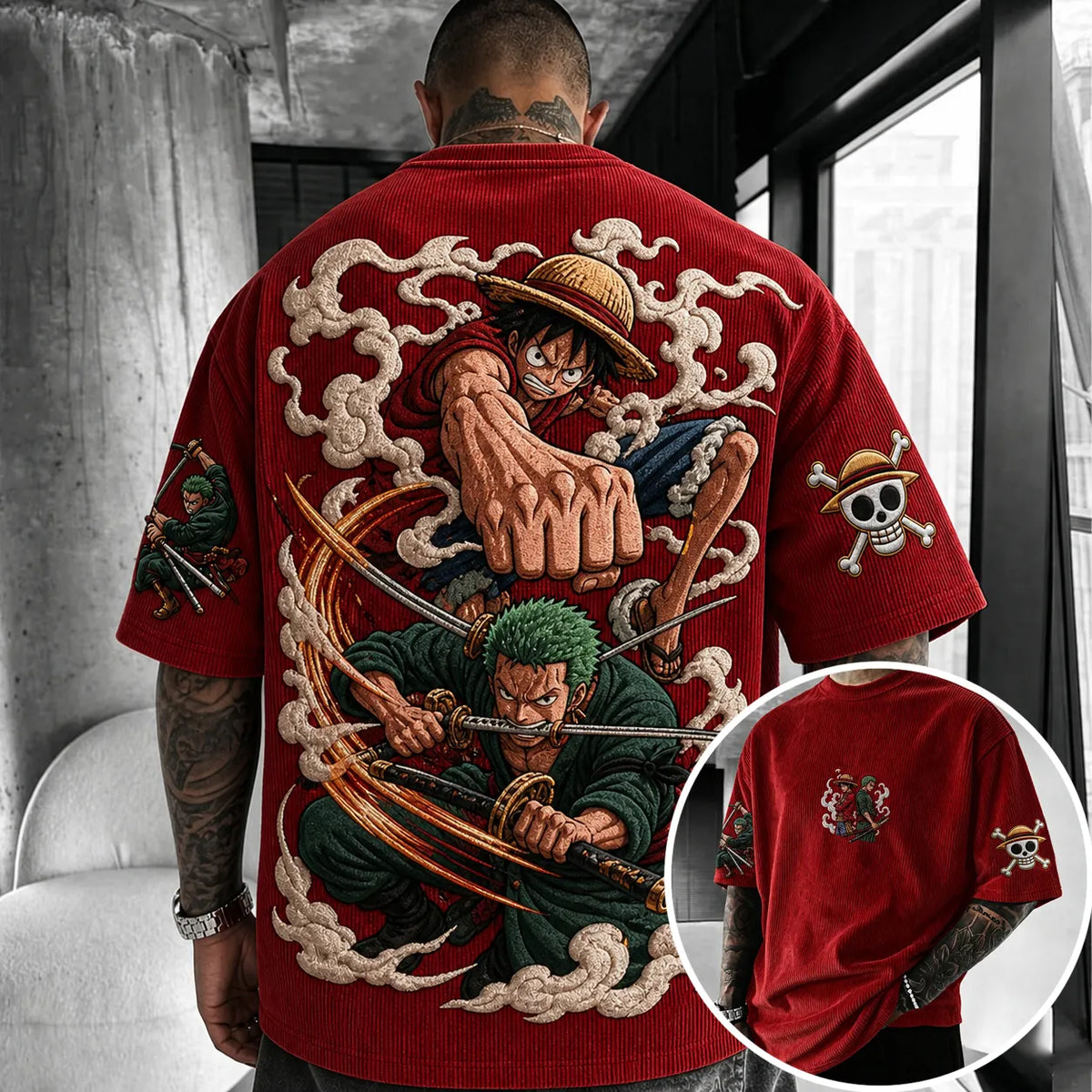 Unisex Anime-Style Retro Corduroy Oversized T-Shirt