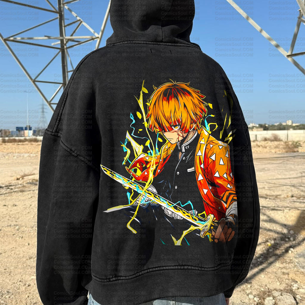 Unisex Anime Graphic Water wash Streetwear Vintage Hoodie