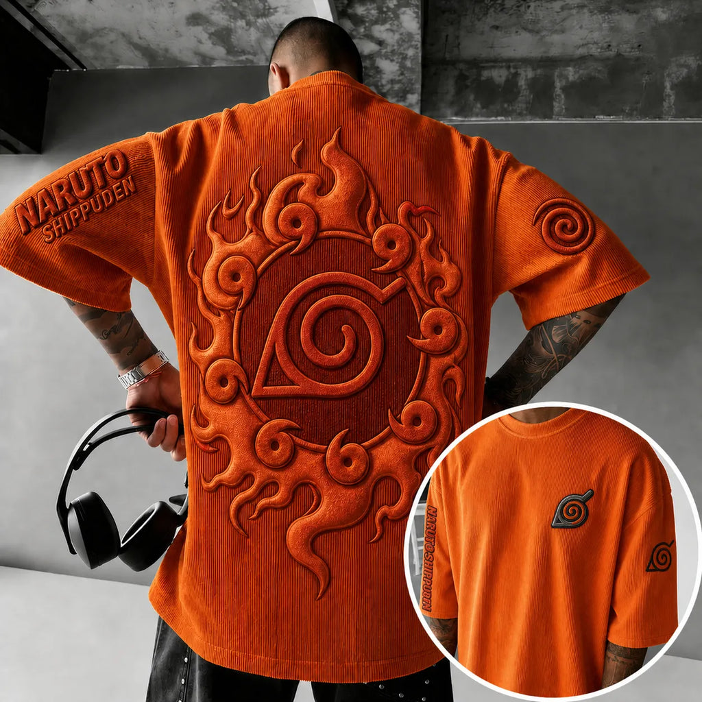 Unisex Anime-Style Retro Corduroy Oversized T-Shirt