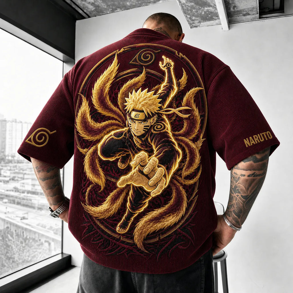 Unisex Anime-Style Retro Corduroy Oversized T-Shirt