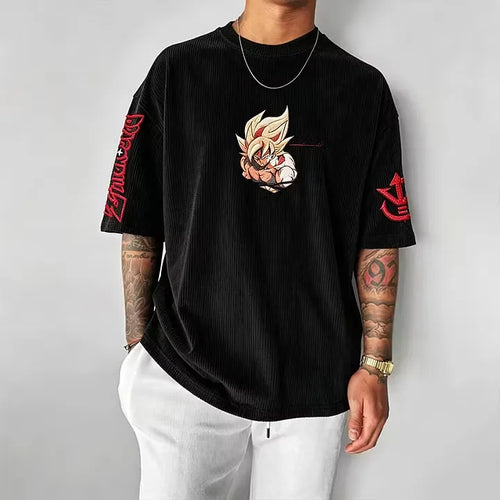 Anime-Inspired Vintage Waffle Knit T-Shirt