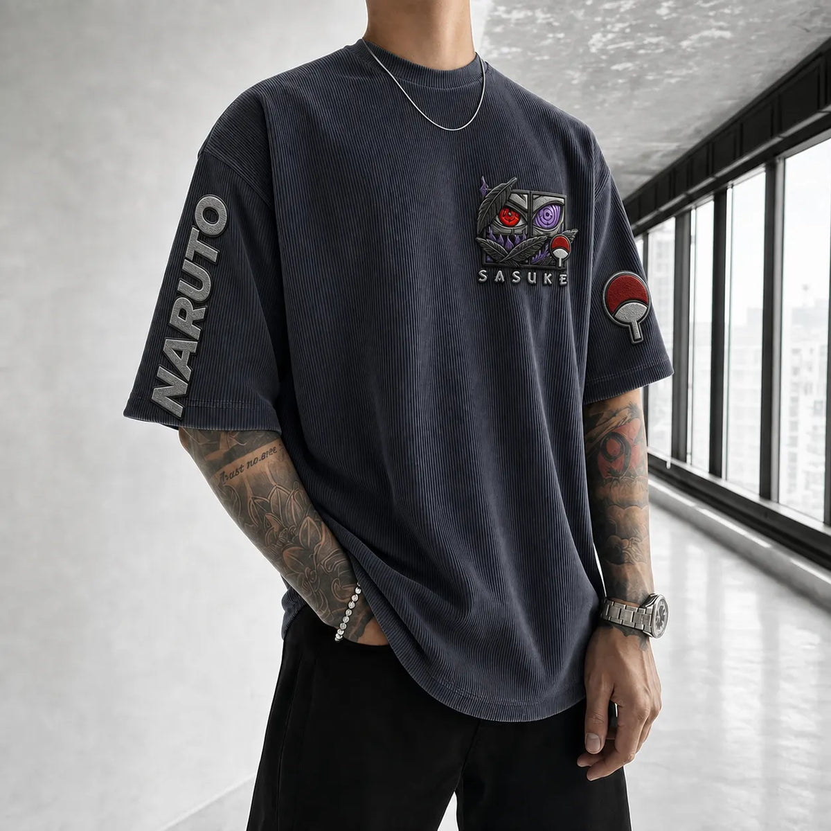 Unisex Anime-Style Retro Corduroy Oversized T-Shirt