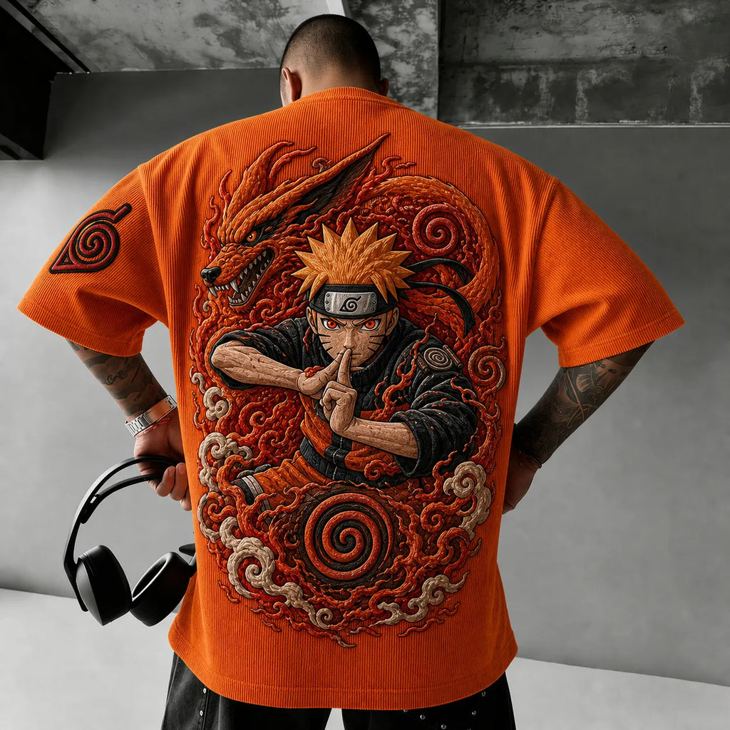 Unisex Anime-Style Retro Corduroy Oversized T-Shirt