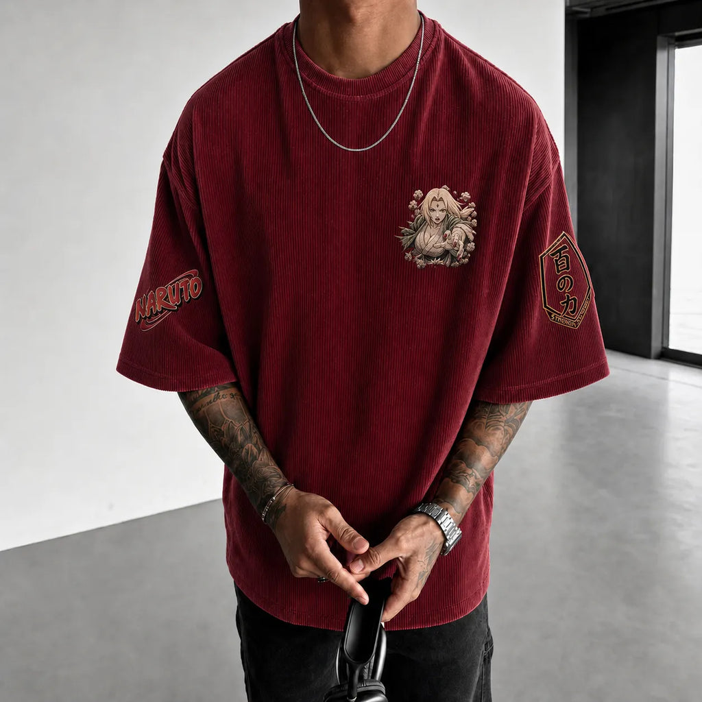 Unisex Anime-Style Retro Corduroy Oversized T-Shirt