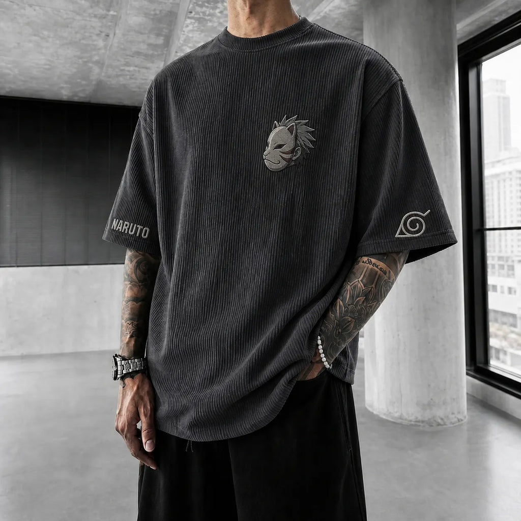 Unisex Anime-Style Retro Corduroy Oversized T-Shirt