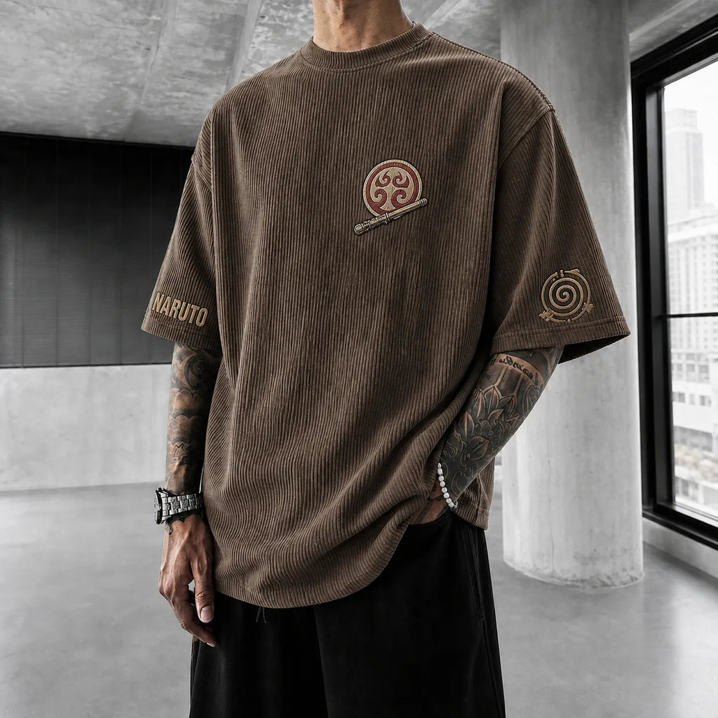 Unisex Anime-Style Retro Corduroy Oversized T-Shirt