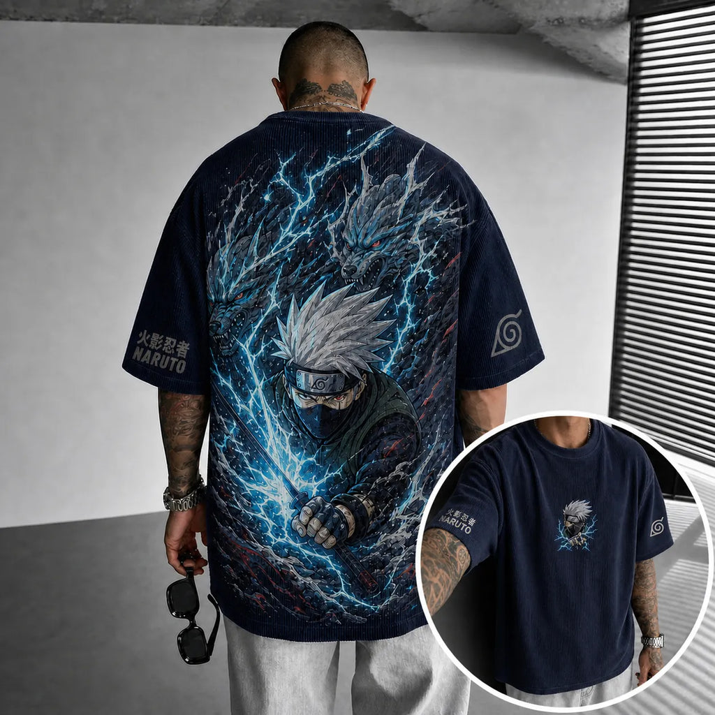 Unisex Anime-Style Retro Corduroy Oversized T-Shirt