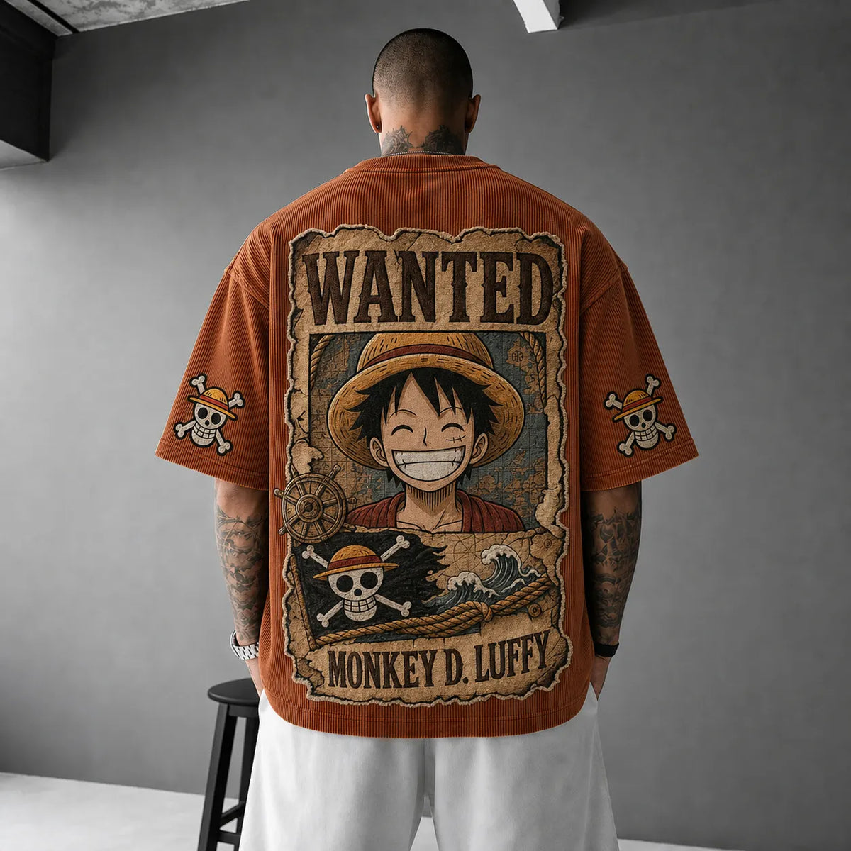 Unisex Oversized Anime-Print Vertical-Stripe Short-Sleeve T-Shirt
