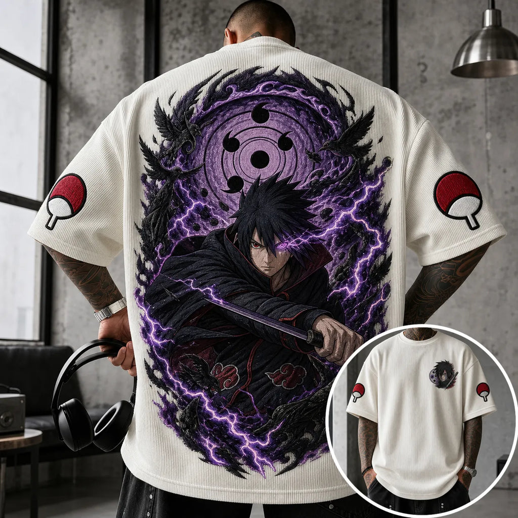 Unisex Oversized Anime-Print Vertical-Stripe Short-Sleeve T-Shirt