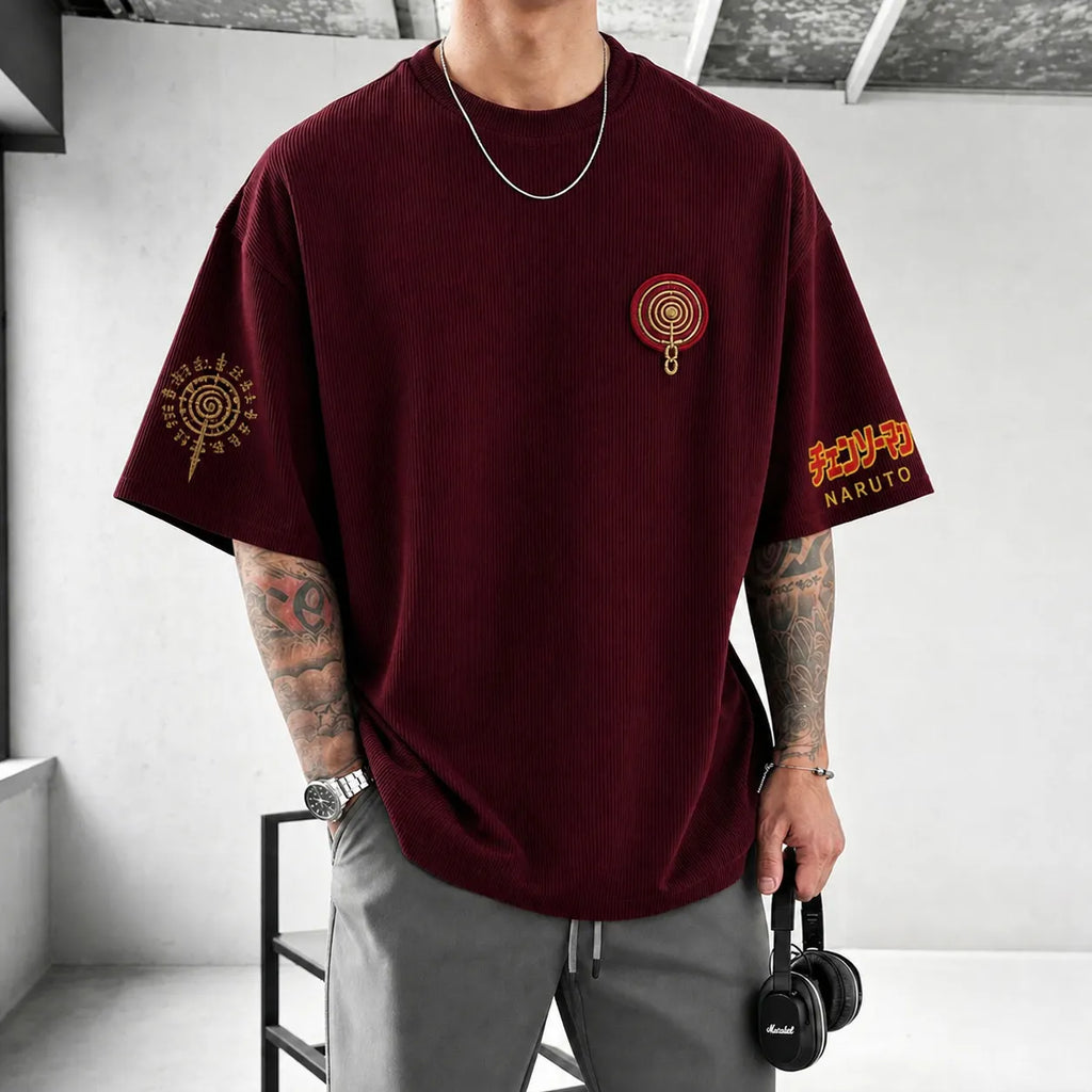 Unisex Anime-Style Retro Corduroy Oversized T-Shirt