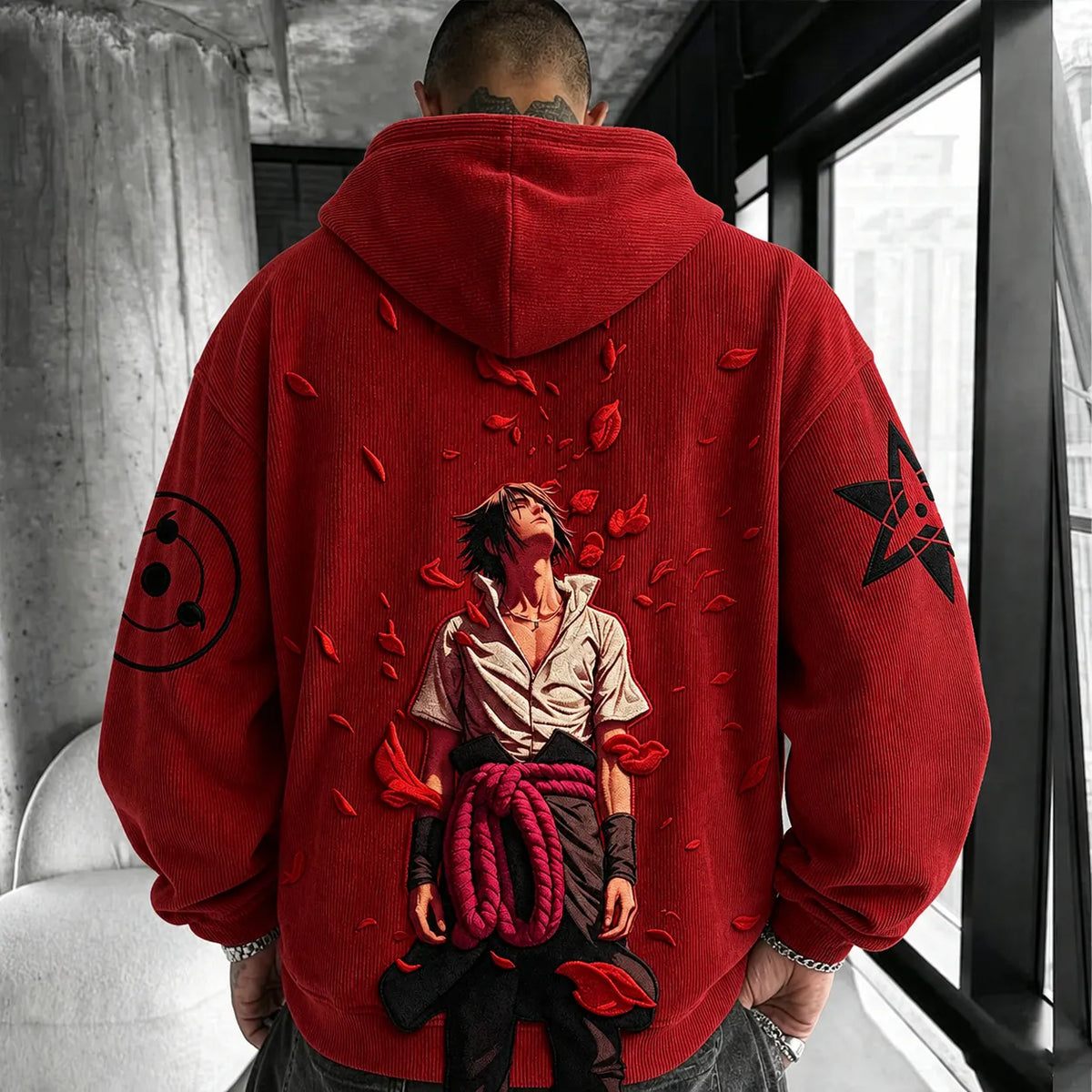 Unisex Retro Corduroy Hoodie With Anime-style Graphics