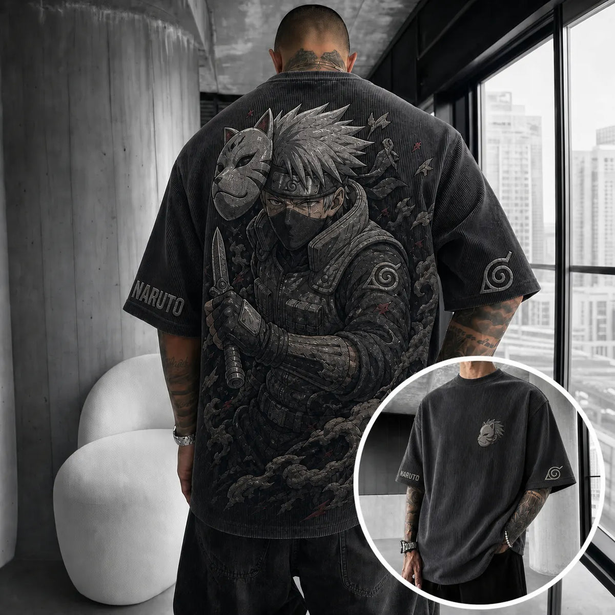 Unisex Anime-Style Retro Corduroy Oversized T-Shirt