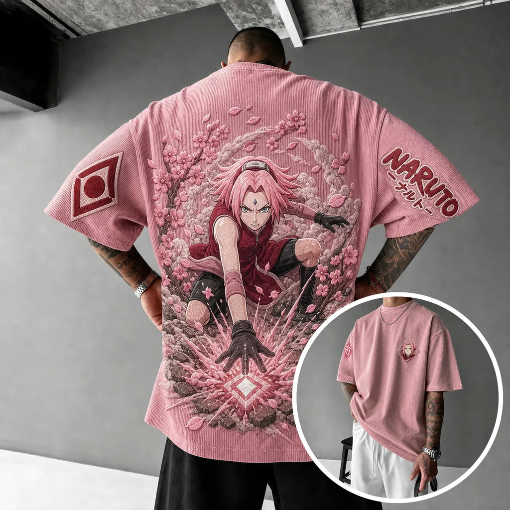 Unisex Anime-Style Retro Corduroy Oversized T-Shirt