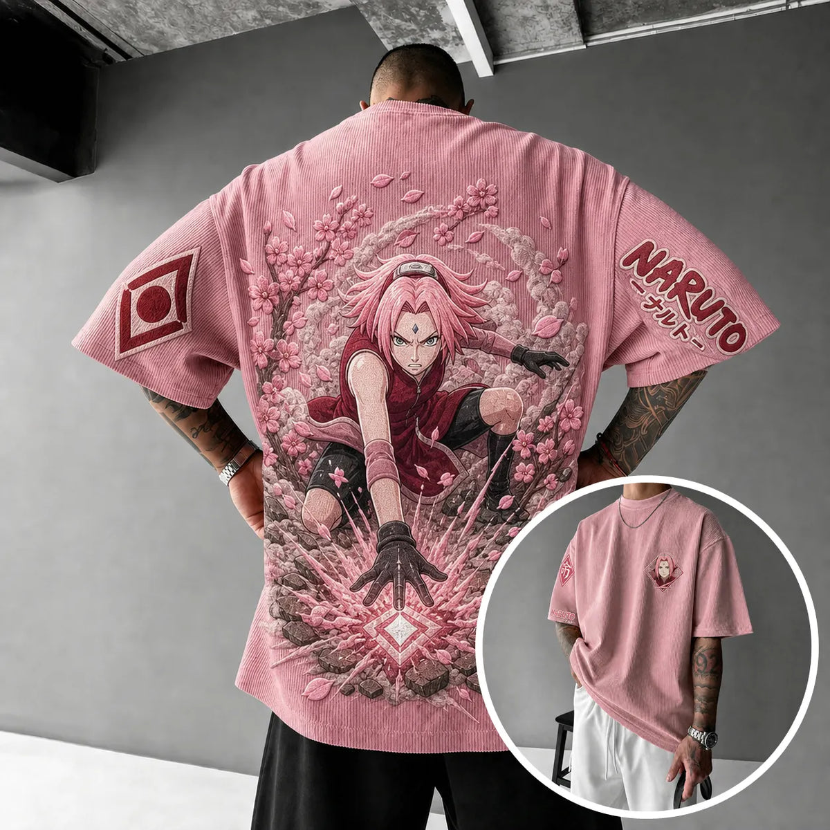 Unisex Anime-Style Retro Corduroy Oversized T-Shirt