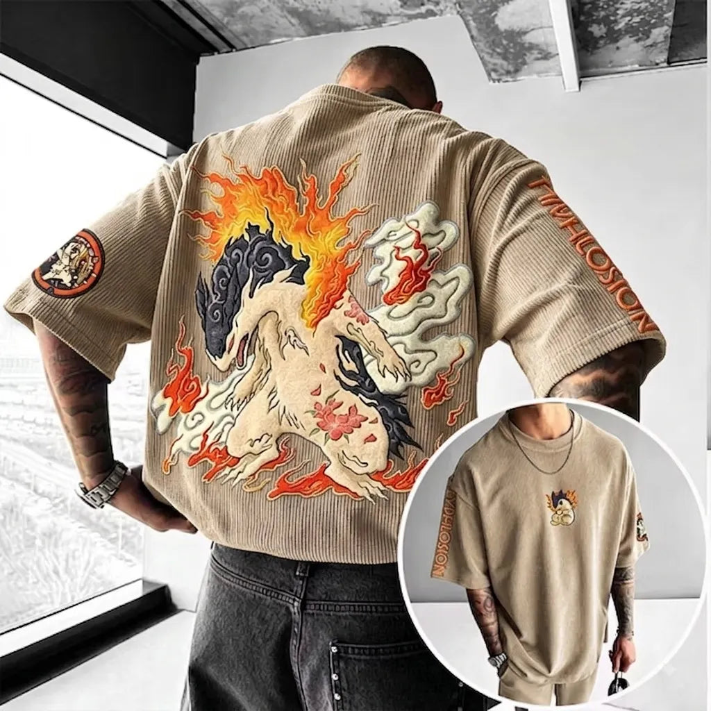 Anime-Inspired Vintage Waffle Knit T-Shirt