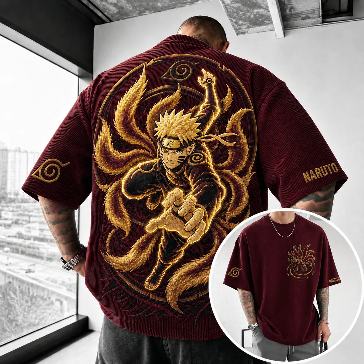 Unisex Anime-Style Retro Corduroy Oversized T-Shirt