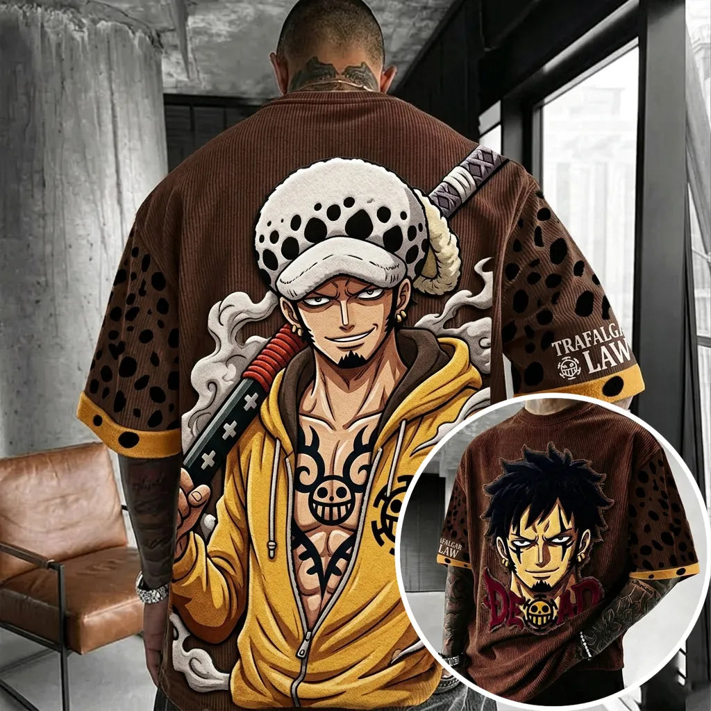Unisex Anime-Style Retro Corduroy Oversized T-Shirt