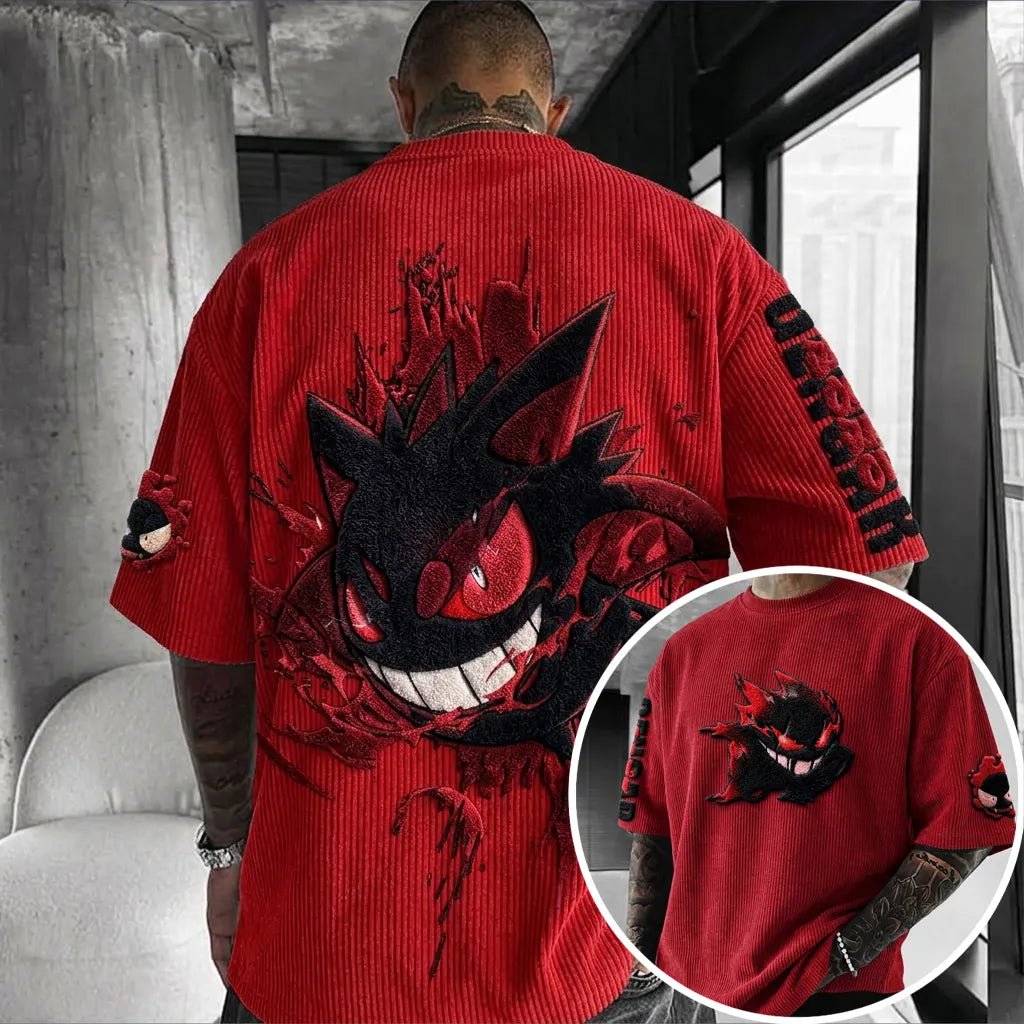 Unisex Anime-Style Retro Corduroy Oversized T-Shirt