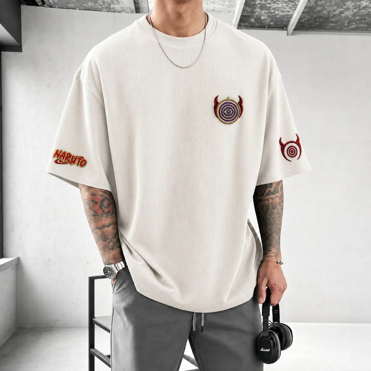 Unisex Anime-Style Retro Corduroy Oversized T-Shirt