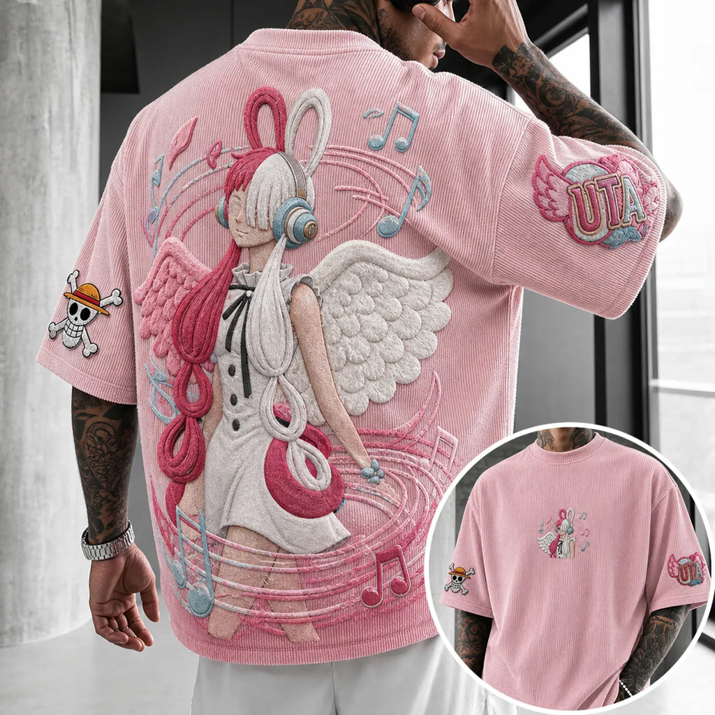 Unisex Anime-Style Retro Corduroy Oversized T-Shirt