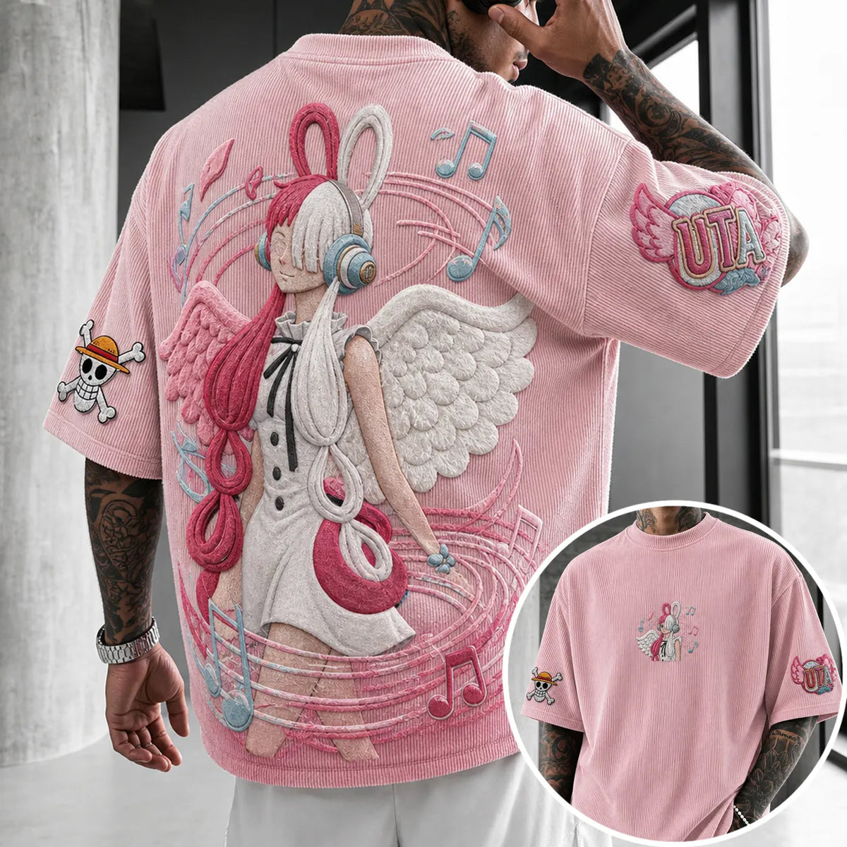 Unisex Anime-Style Retro Corduroy Oversized T-Shirt
