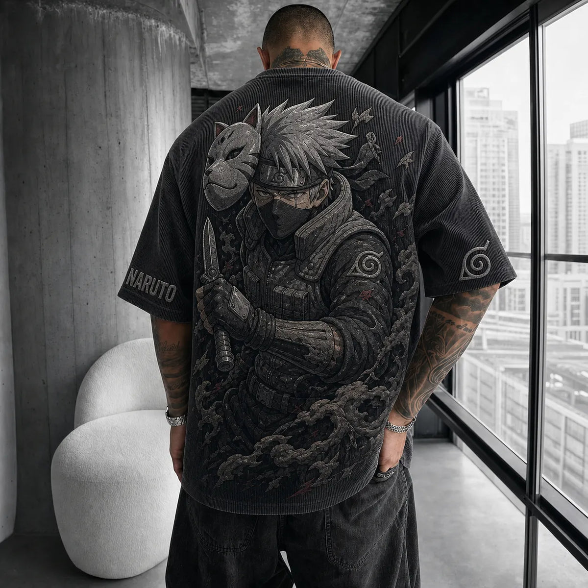 Unisex Anime-Style Retro Corduroy Oversized T-Shirt