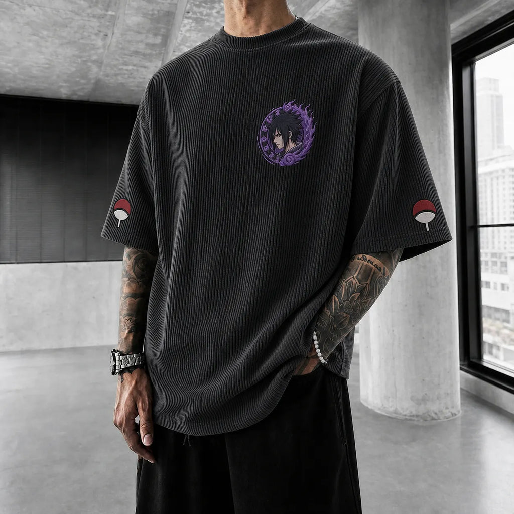 Unisex Oversized Anime-Print Vertical-Stripe Short-Sleeve T-Shirt