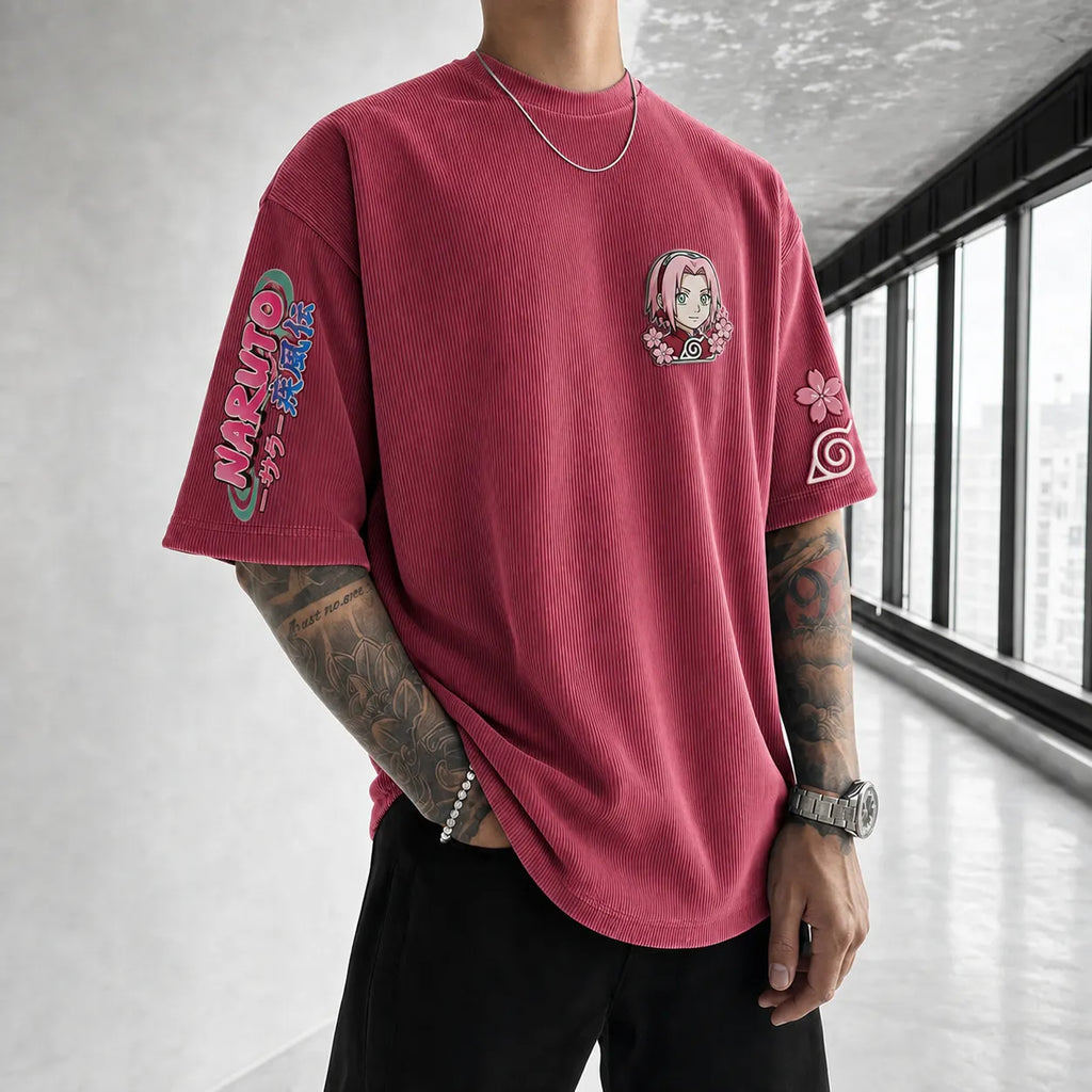 Unisex Anime-Style Retro Corduroy Oversized T-Shirt