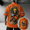 Unisex Oversized Anime-Print Vertical-Stripe Short-Sleeve T-Shirt