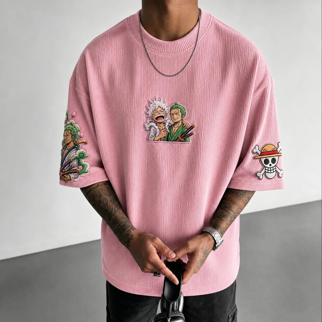 Unisex Anime-Style Retro Corduroy Oversized T-Shirt