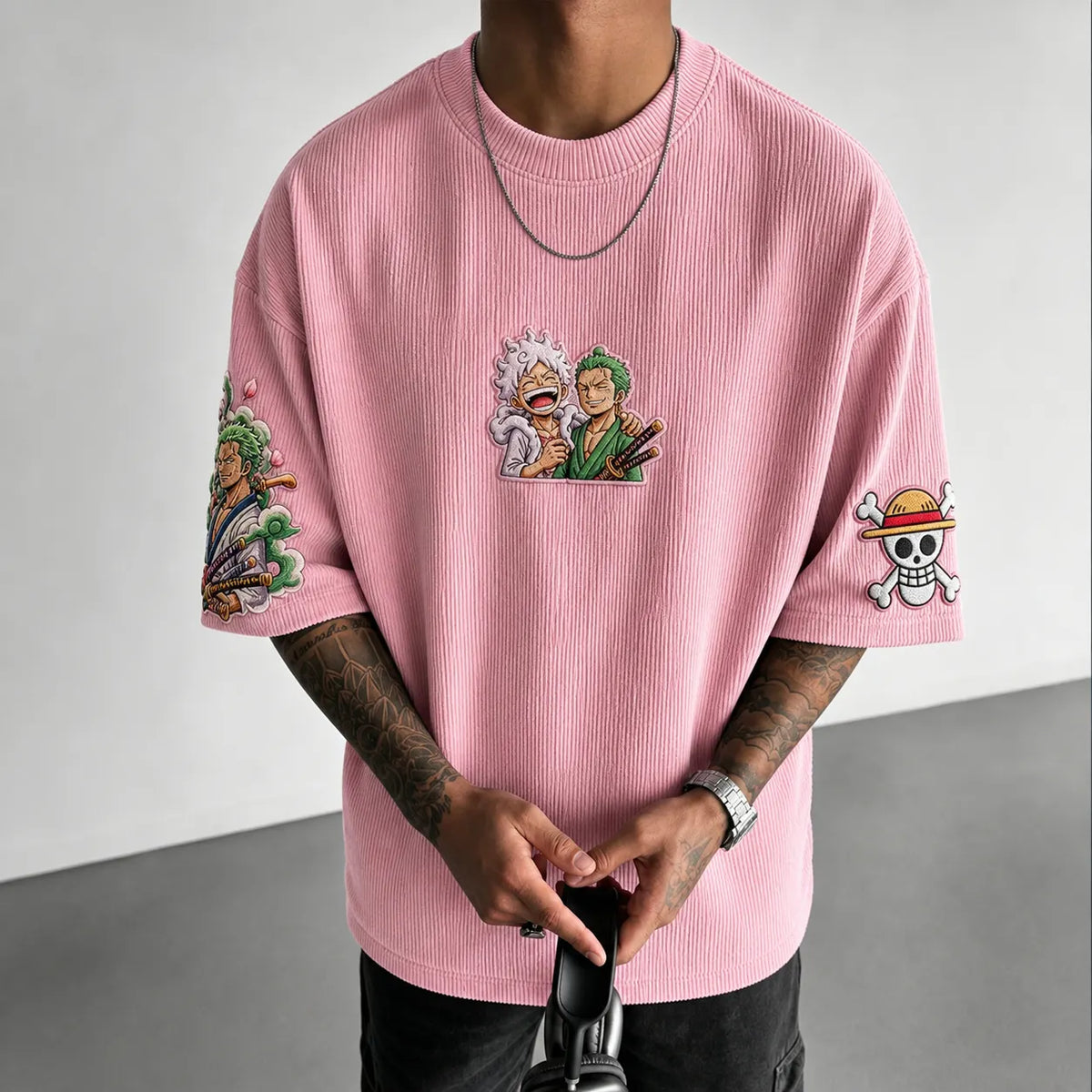 Unisex Anime-Style Retro Corduroy Oversized T-Shirt