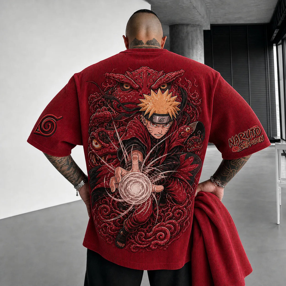 Unisex Anime-Style Retro Corduroy Oversized T-Shirt