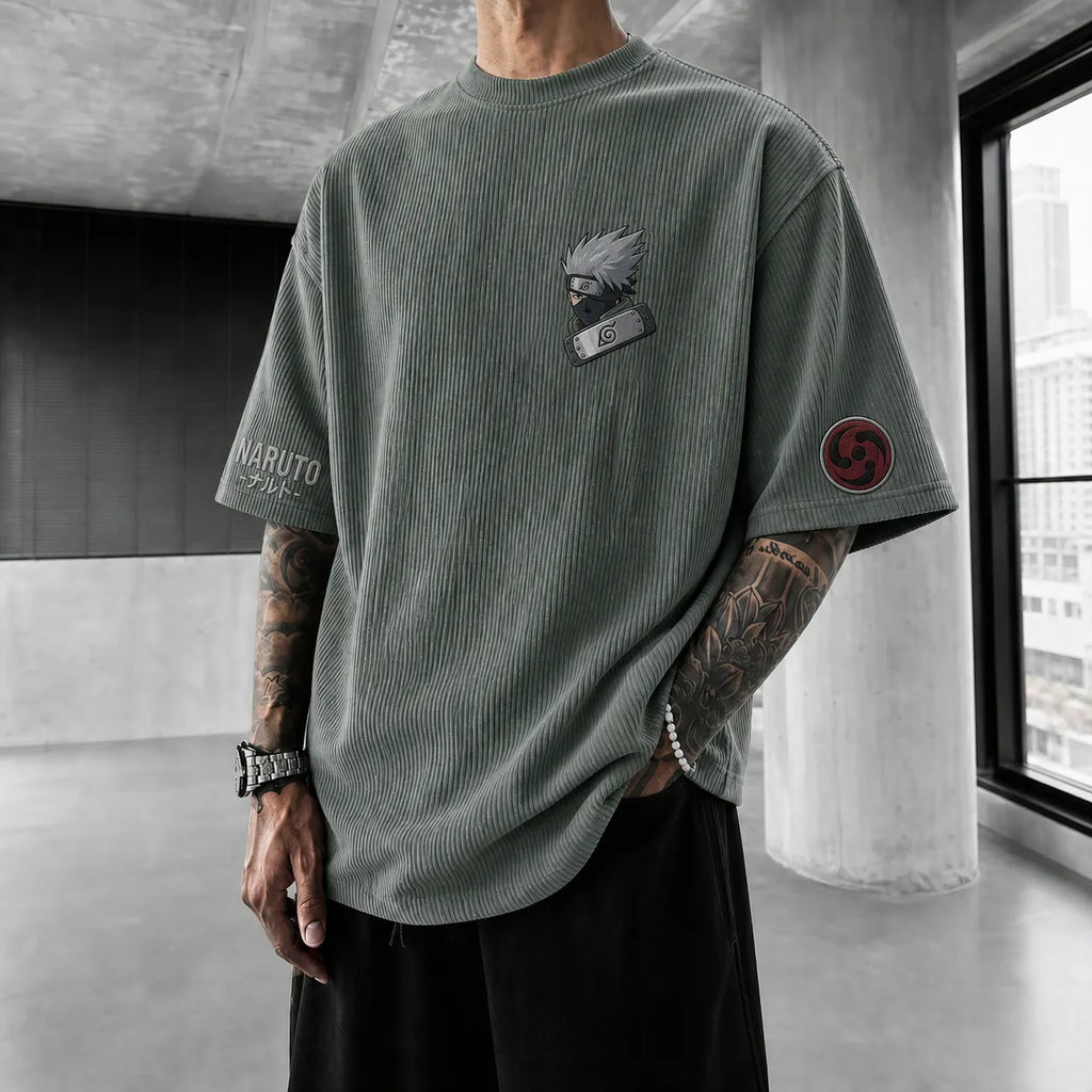 Unisex Anime-Style Retro Corduroy Oversized T-Shirt