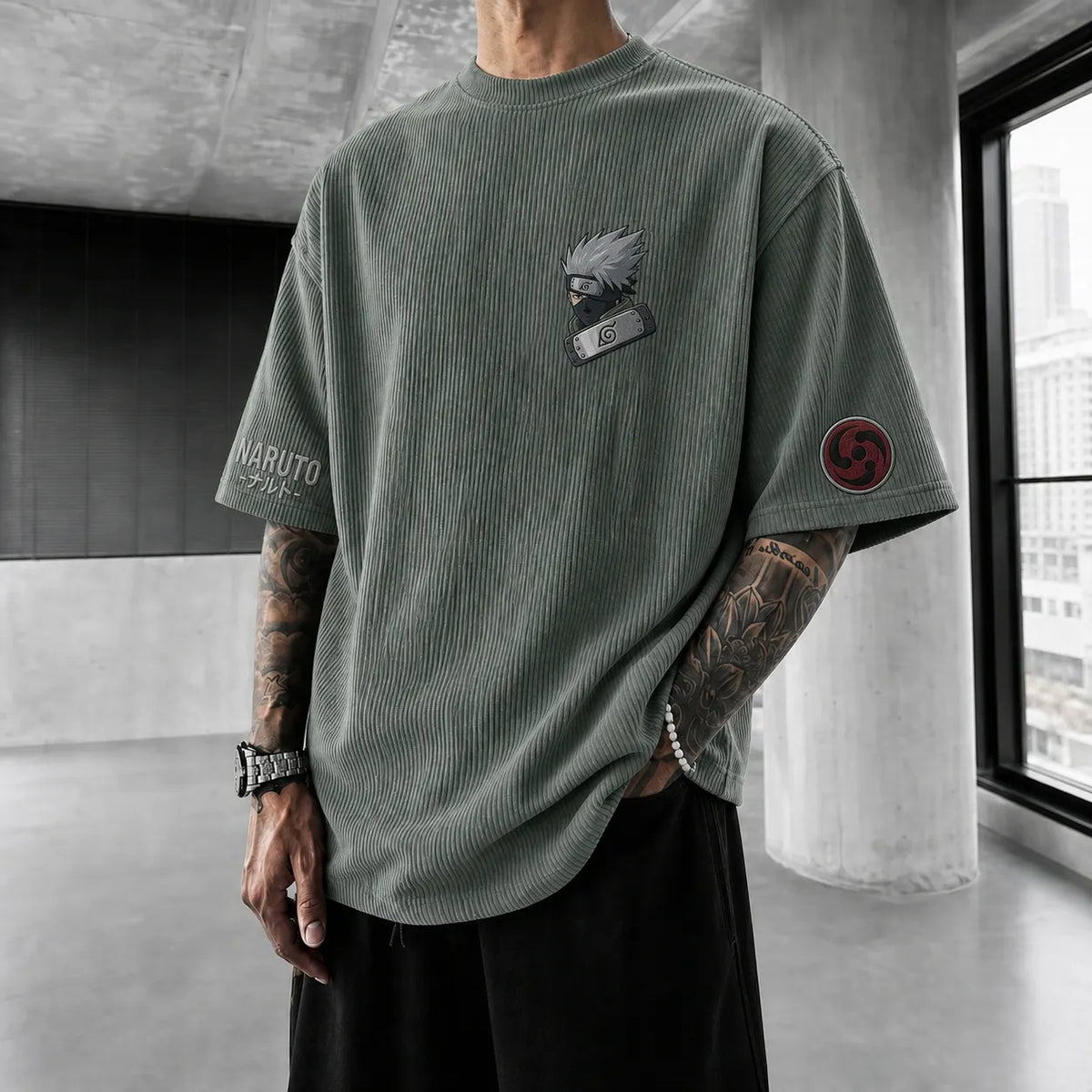 Unisex Anime-Style Retro Corduroy Oversized T-Shirt