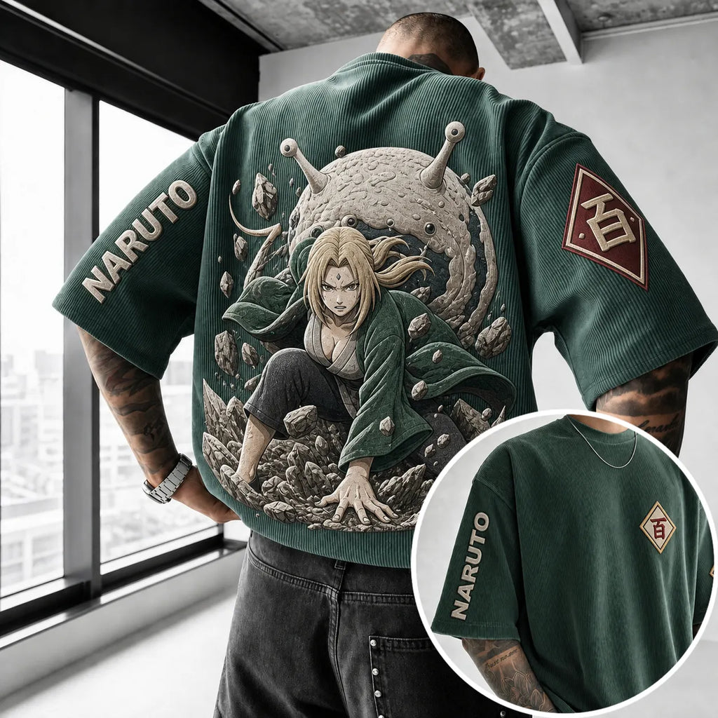 Unisex Anime-Style Retro Corduroy Oversized T-Shirt
