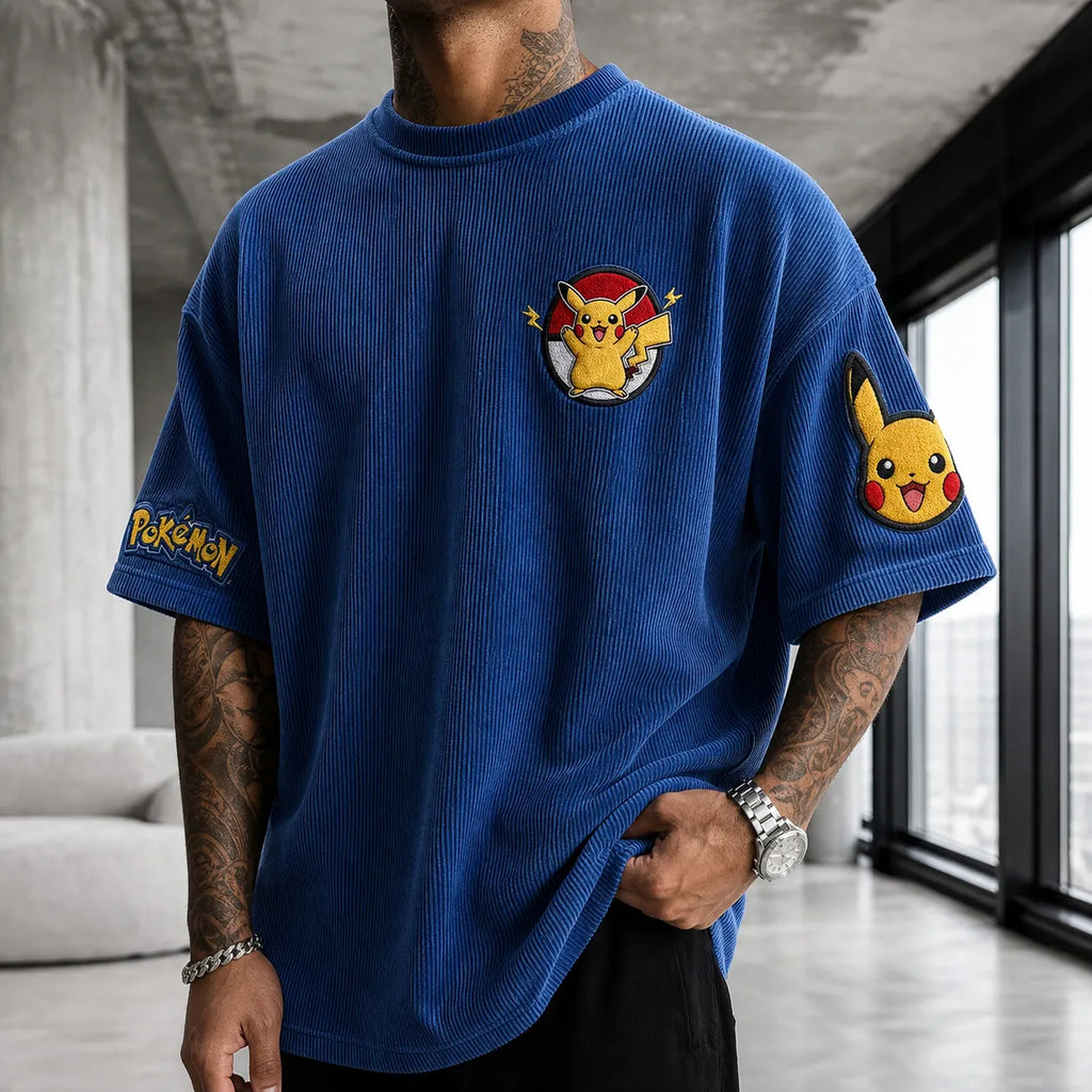 Unisex Anime-Style Retro Corduroy Oversized T-Shirt