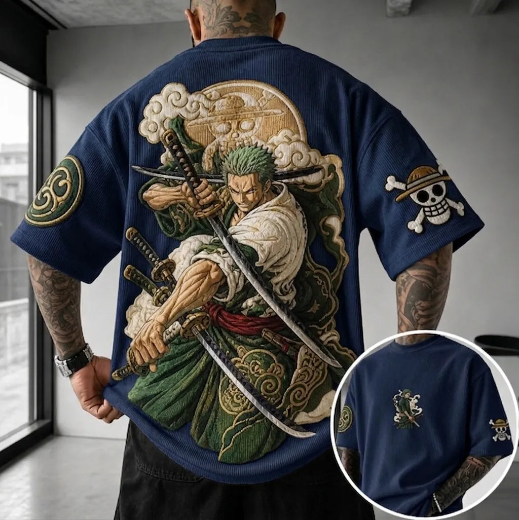 Unisex Anime-Style Retro Corduroy Oversized T-Shirt