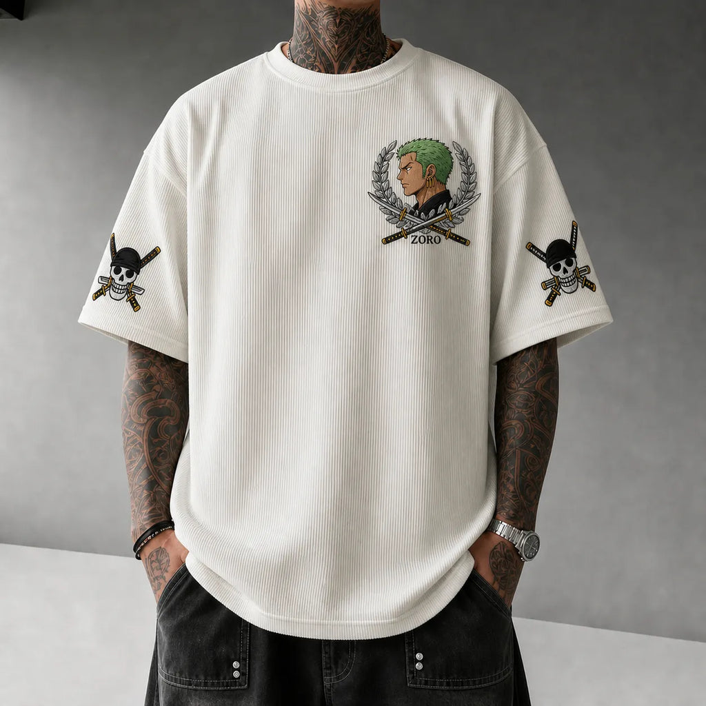 Unisex Oversized Anime-Print Vertical-Stripe Short-Sleeve T-Shirt
