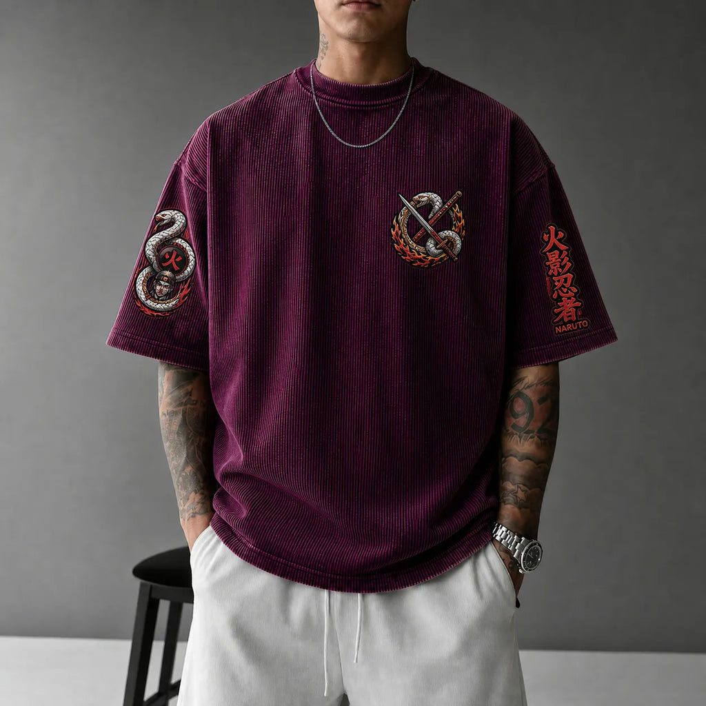 Unisex Anime-Style Retro Corduroy Oversized T-Shirt