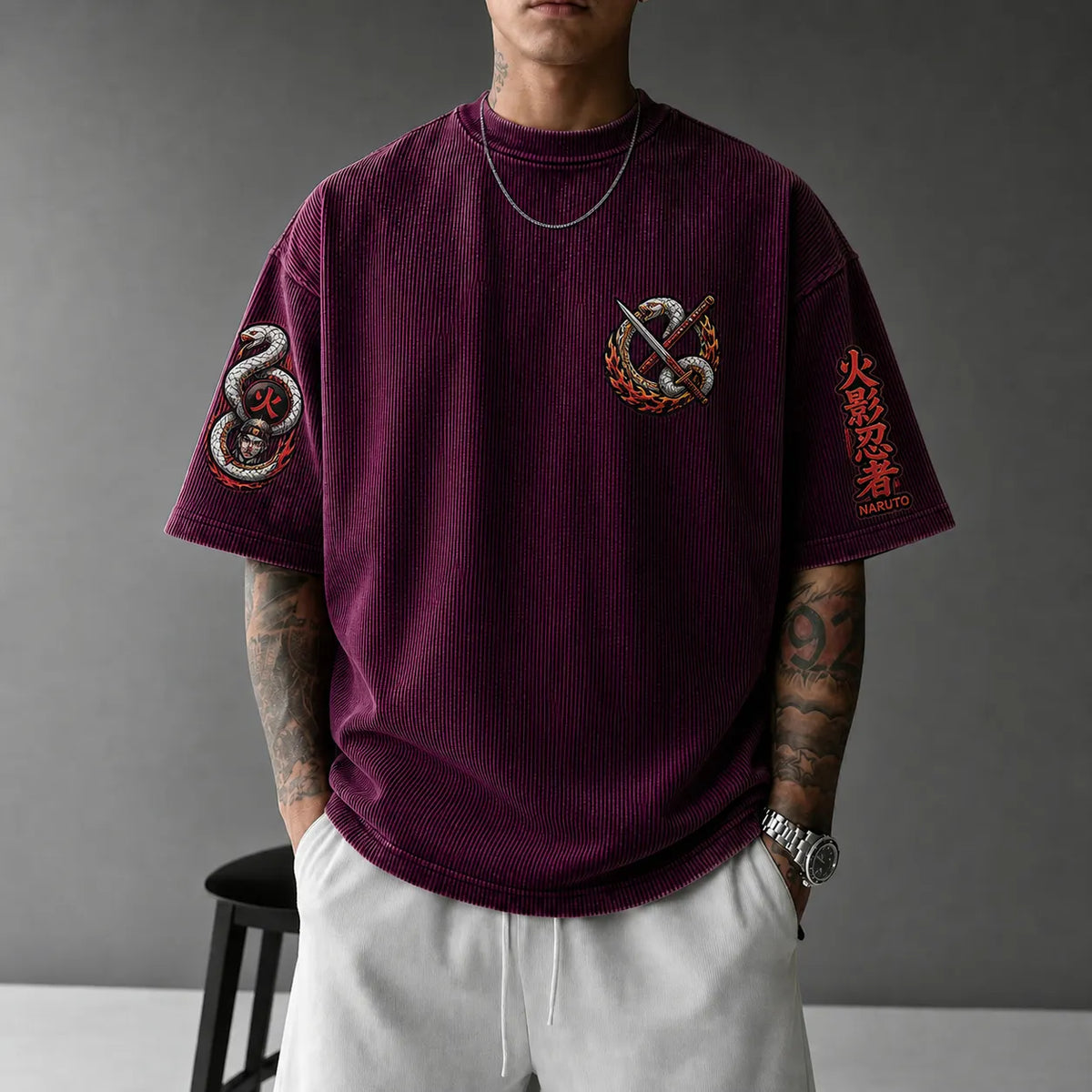 Unisex Anime-Style Retro Corduroy Oversized T-Shirt