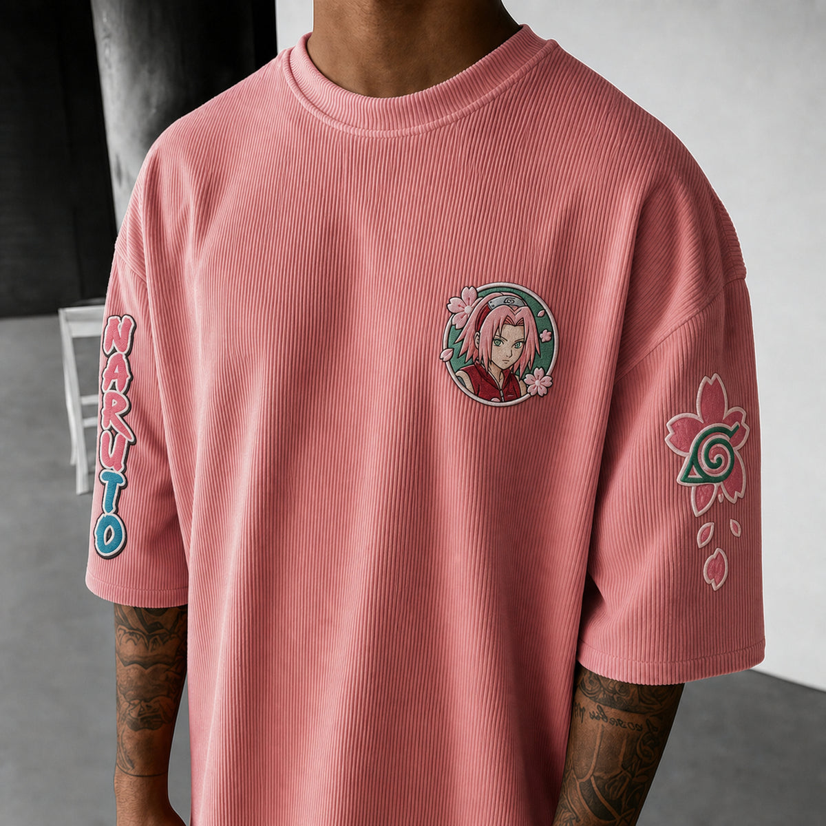 Unisex Anime-Style Retro Corduroy Oversized T-Shirt