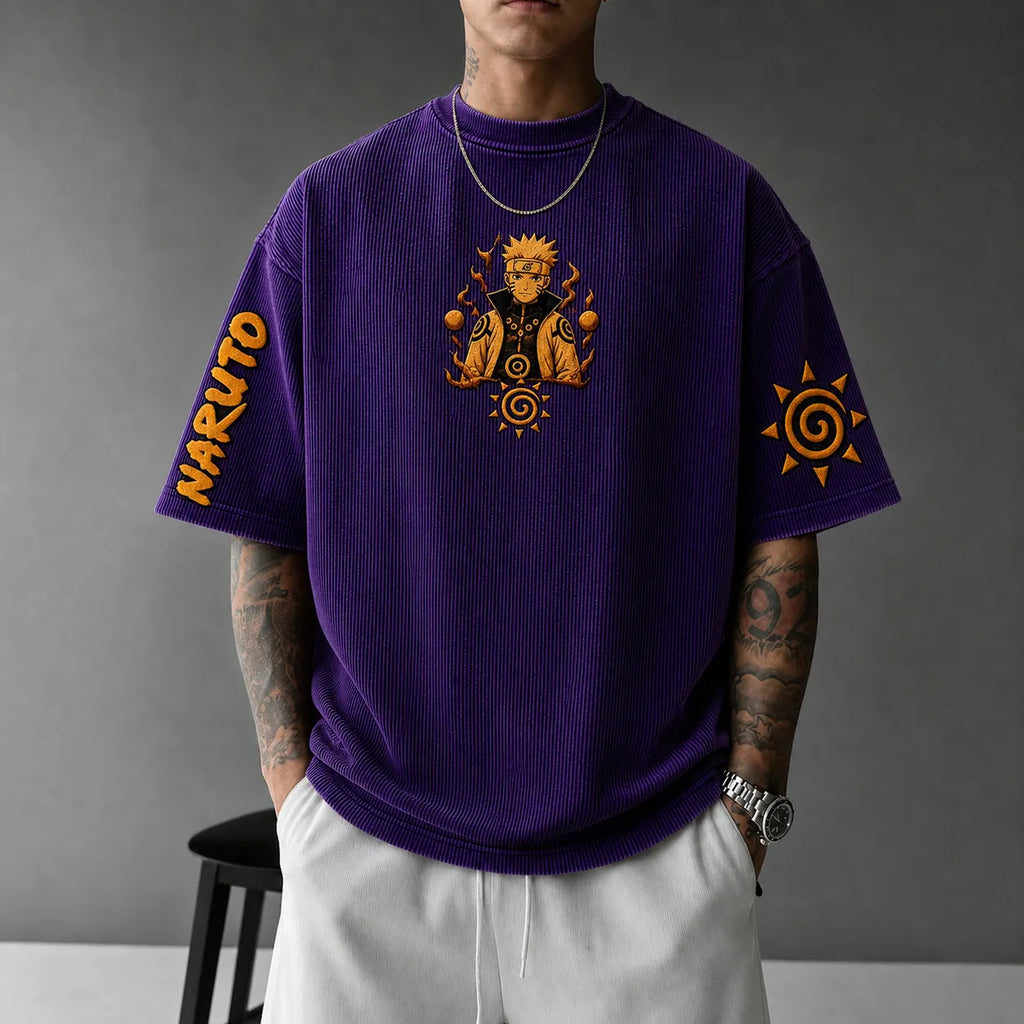 Unisex Anime-Style Retro Corduroy Oversized T-Shirt