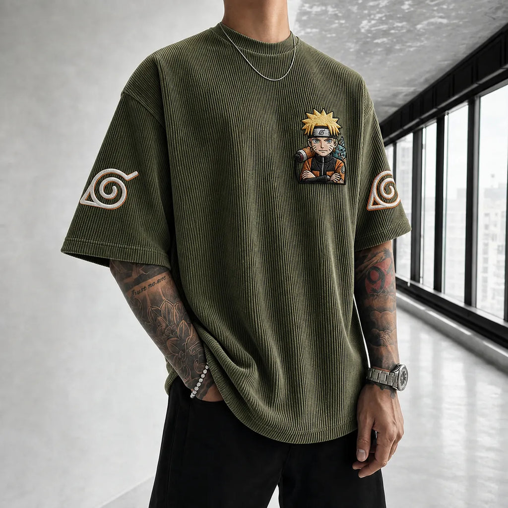 Unisex Oversized Anime-Print Vertical-Stripe Short-Sleeve T-Shirt