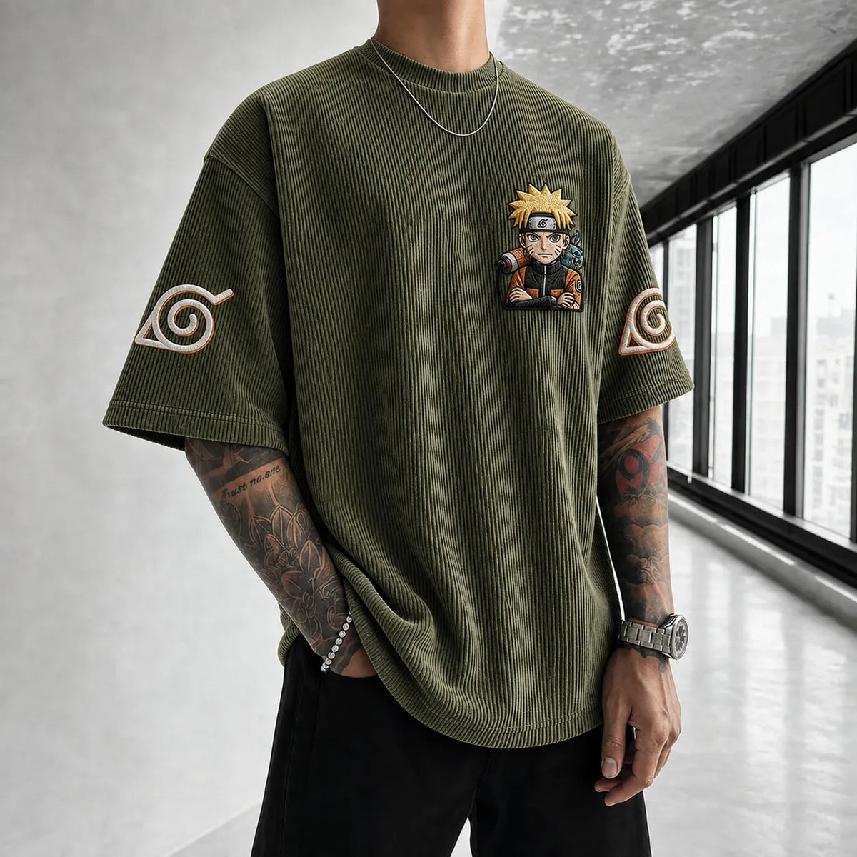 Unisex Oversized Anime-Print Vertical-Stripe Short-Sleeve T-Shirt