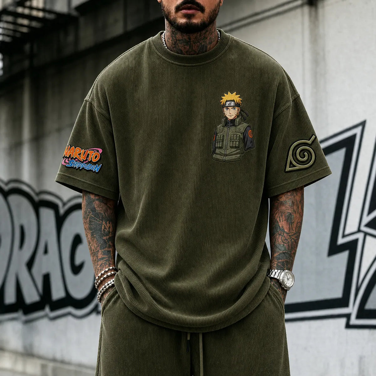 Unisex Anime-Style Retro Corduroy Oversized T-Shirt