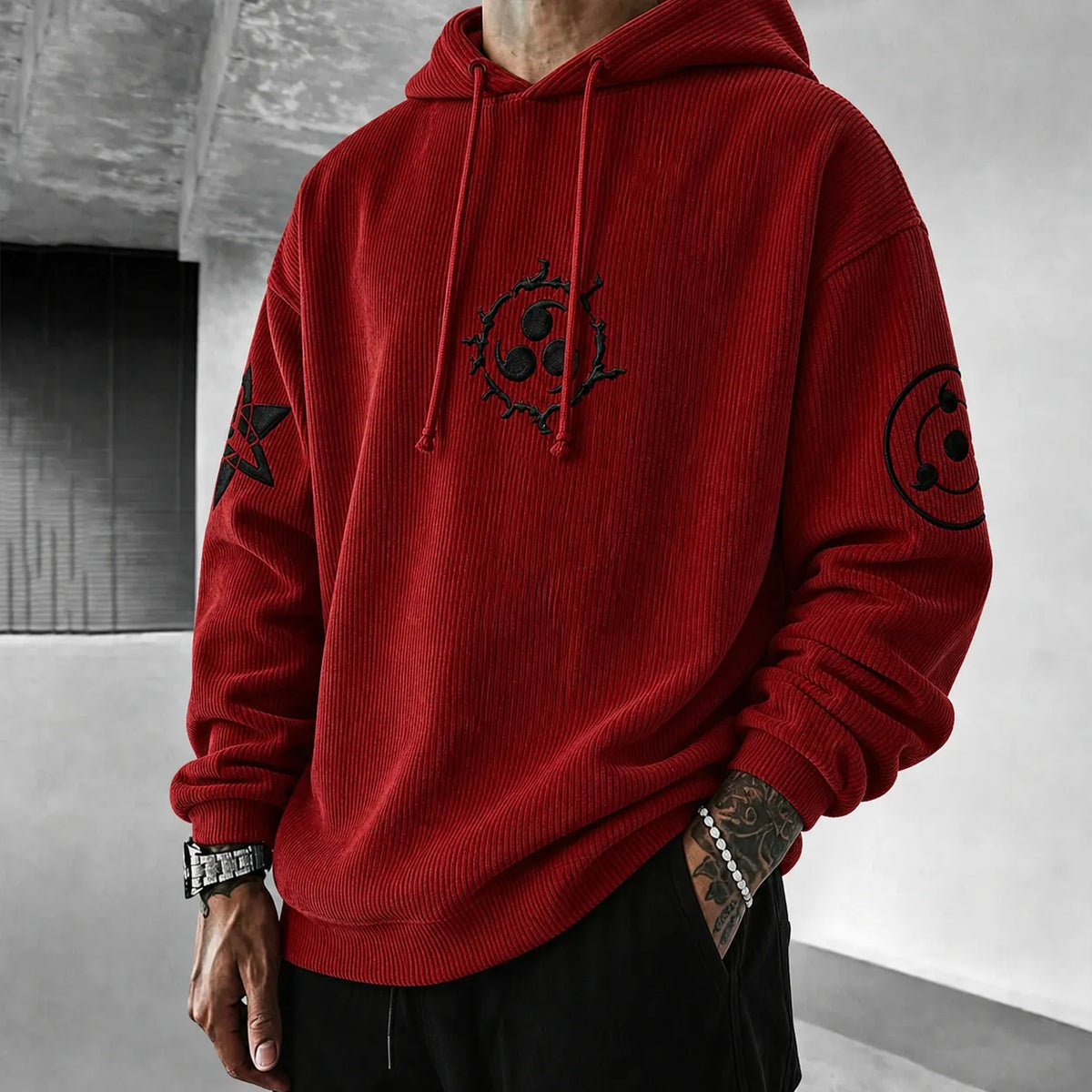 Unisex Retro Corduroy Hoodie With Anime-style Graphics