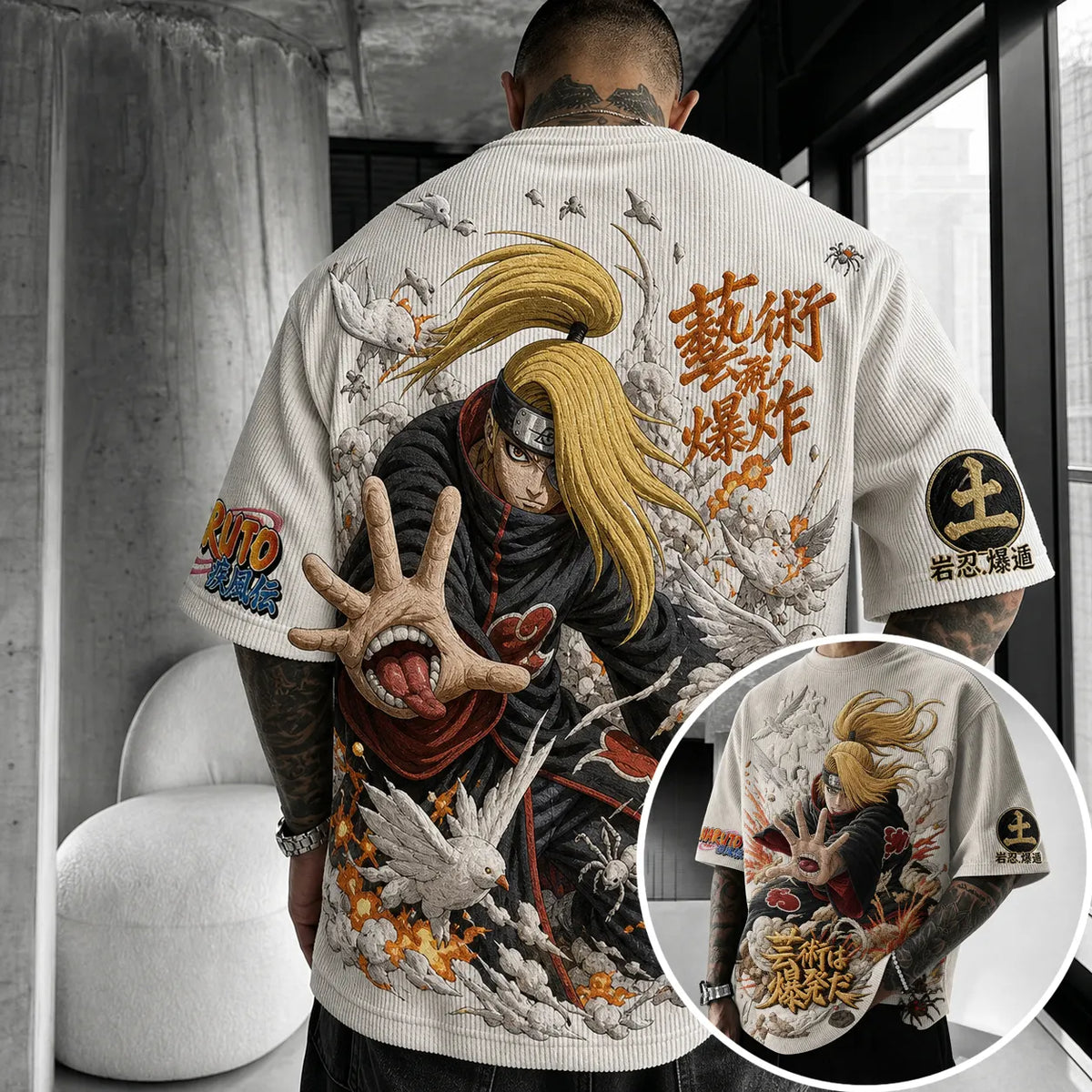 Unisex Oversized Anime-Print Vertical-Stripe Short-Sleeve T-Shirt
