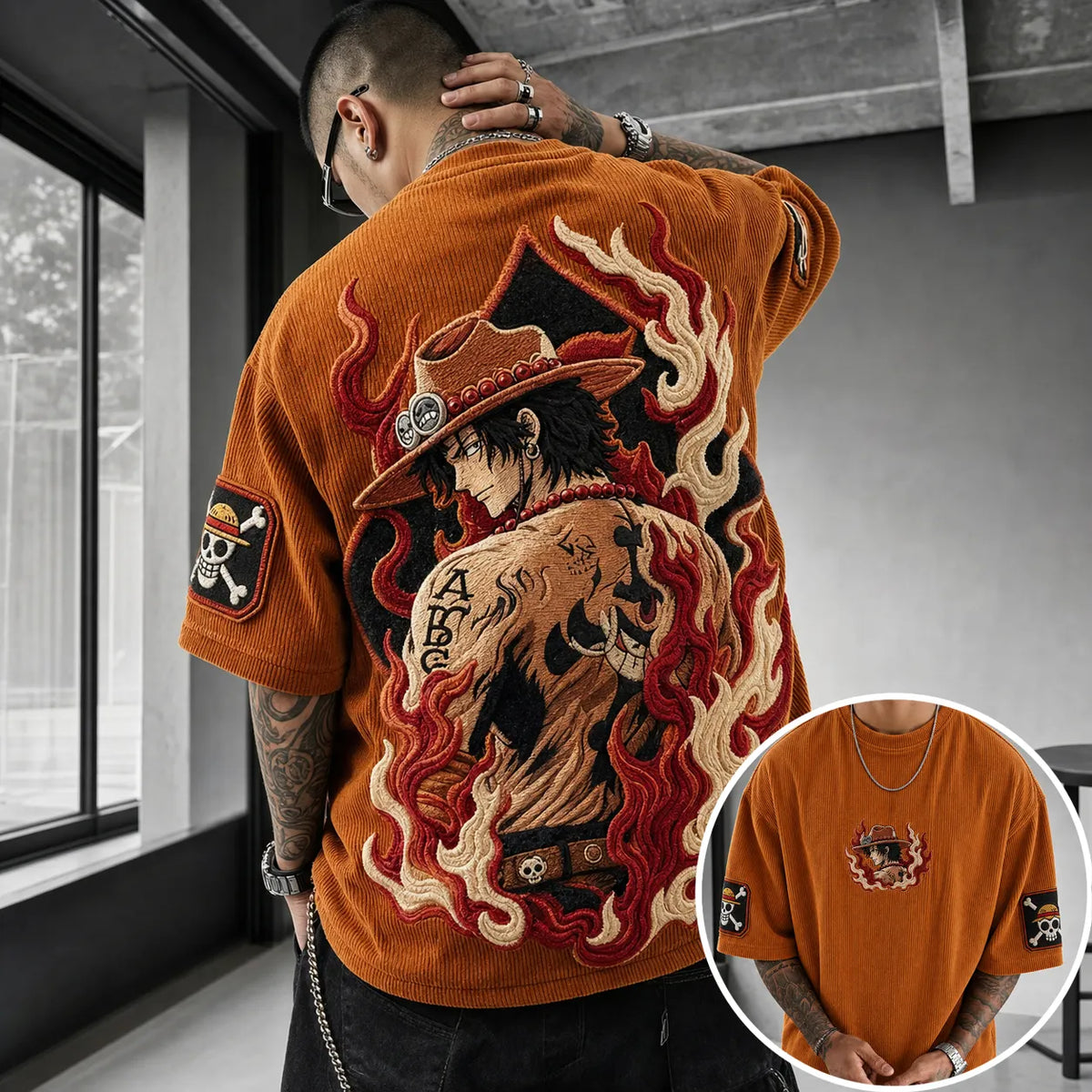 Unisex Anime-Style Retro Corduroy Oversized T-Shirt