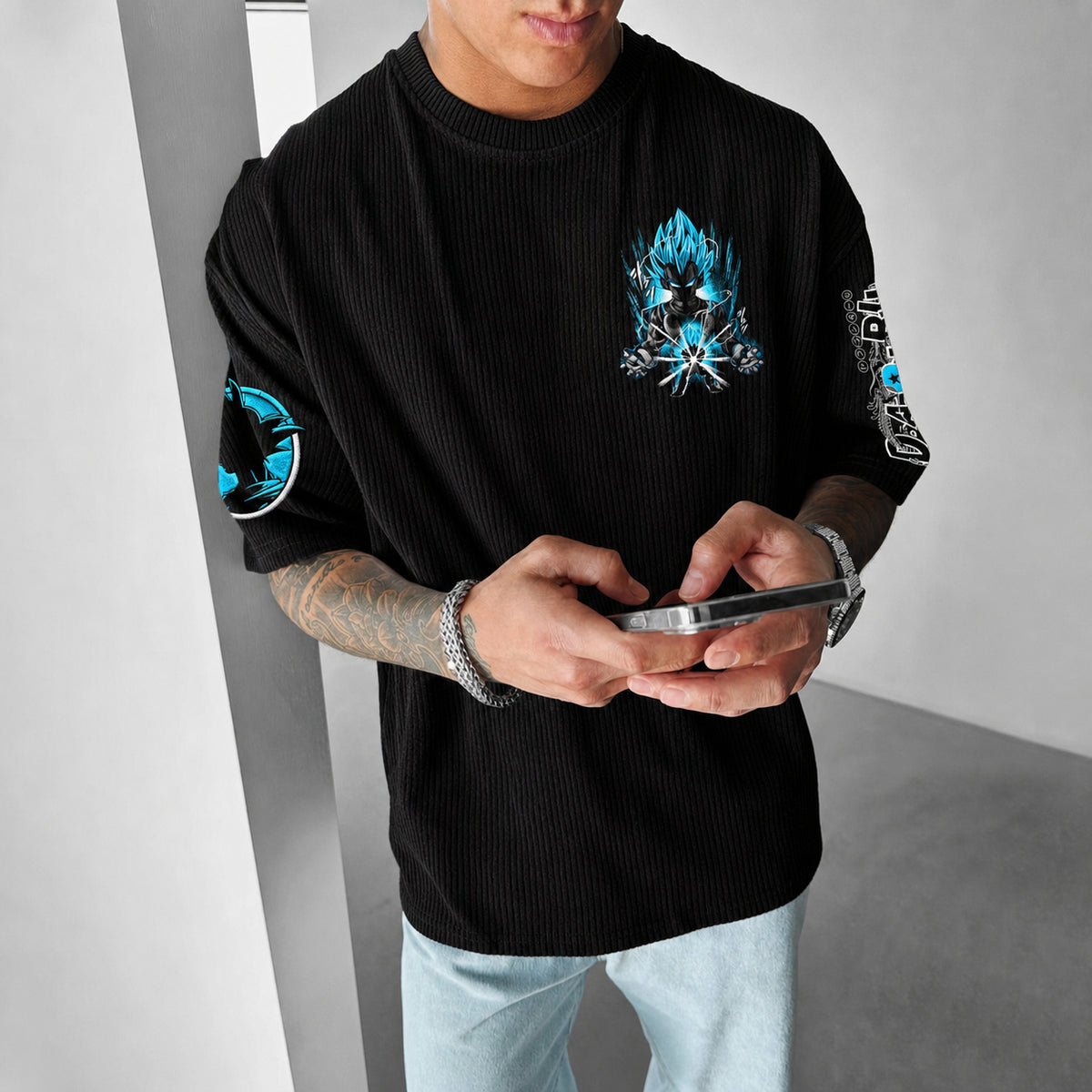 Unisex Anime-Style Retro Corduroy Oversized T-Shirt